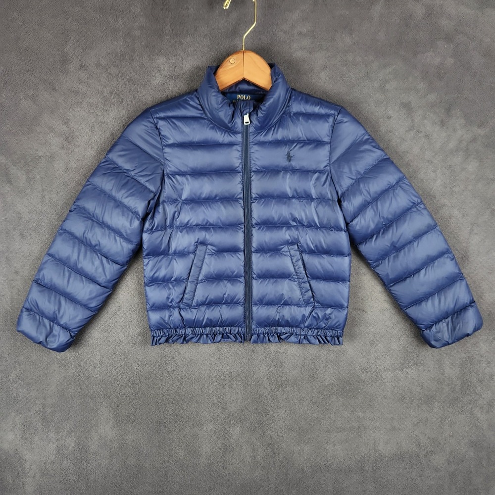 Polo Ralph Lauren Down Quilted Puffer Jacket Girls 6 Navy Blue Ruffle Hem